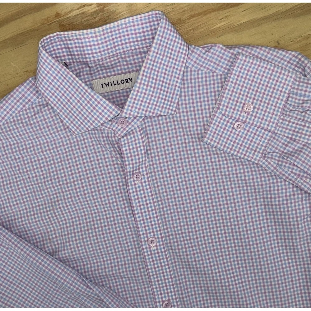 Twillory Shirt Mens 16 32/33 Tailored White Lavender Blue Plaid Check Button Up